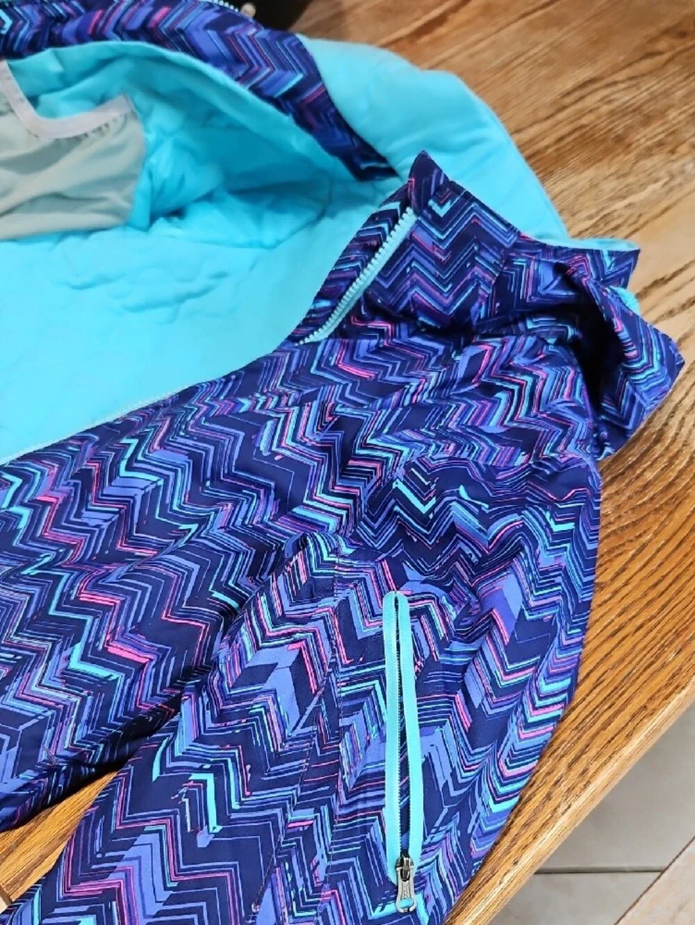 Kids Blue Chevron Winter Jacket with Aqua Lining